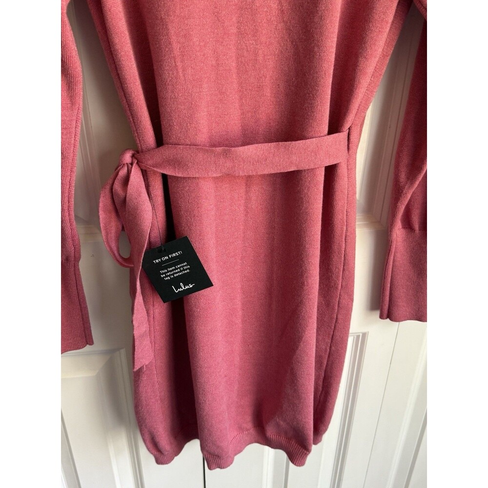 Lulus Rose Pink Long Sleeve Wrap Sweater Mini Dress Women's Size Medium - Picture 8 of 9